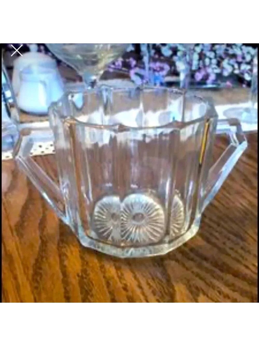 Vintage Clear Pressed Glass Open Sugar Bowl -Ribbed Sides & Starburst Base- rare